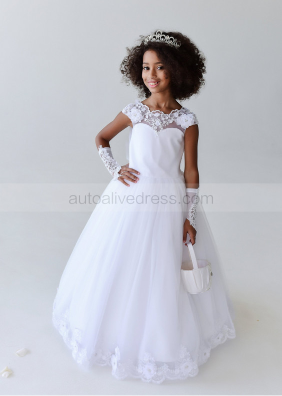 Beaded White Lace Tulle V Back Flower Girl Dress
